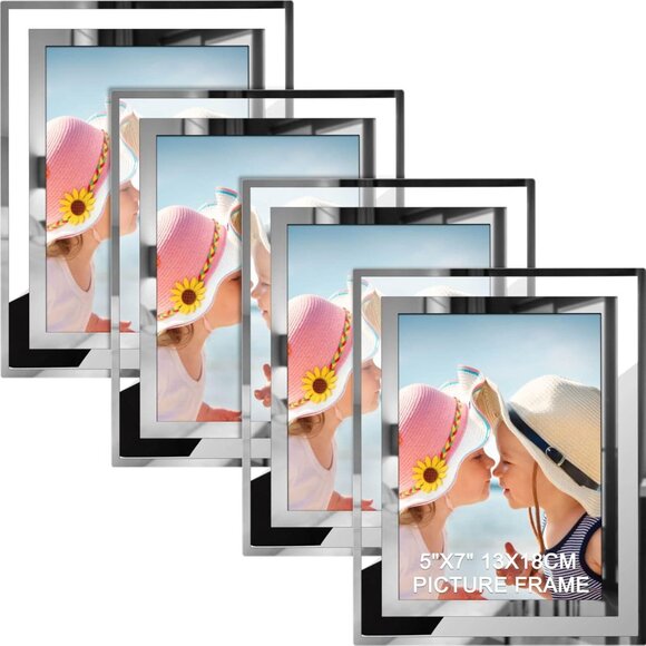 5x7 Picture Frames Set of 4, Silver Mirror Glass Photo Frame for Tabletop Displa - Picture 1 of 6